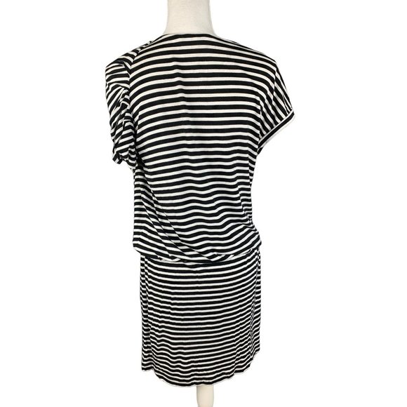 Calvin Klein Blue Asymmetrical Sleeves-neck Navy-white Striped Knit Dress Size 8 - Picture 7 of 10